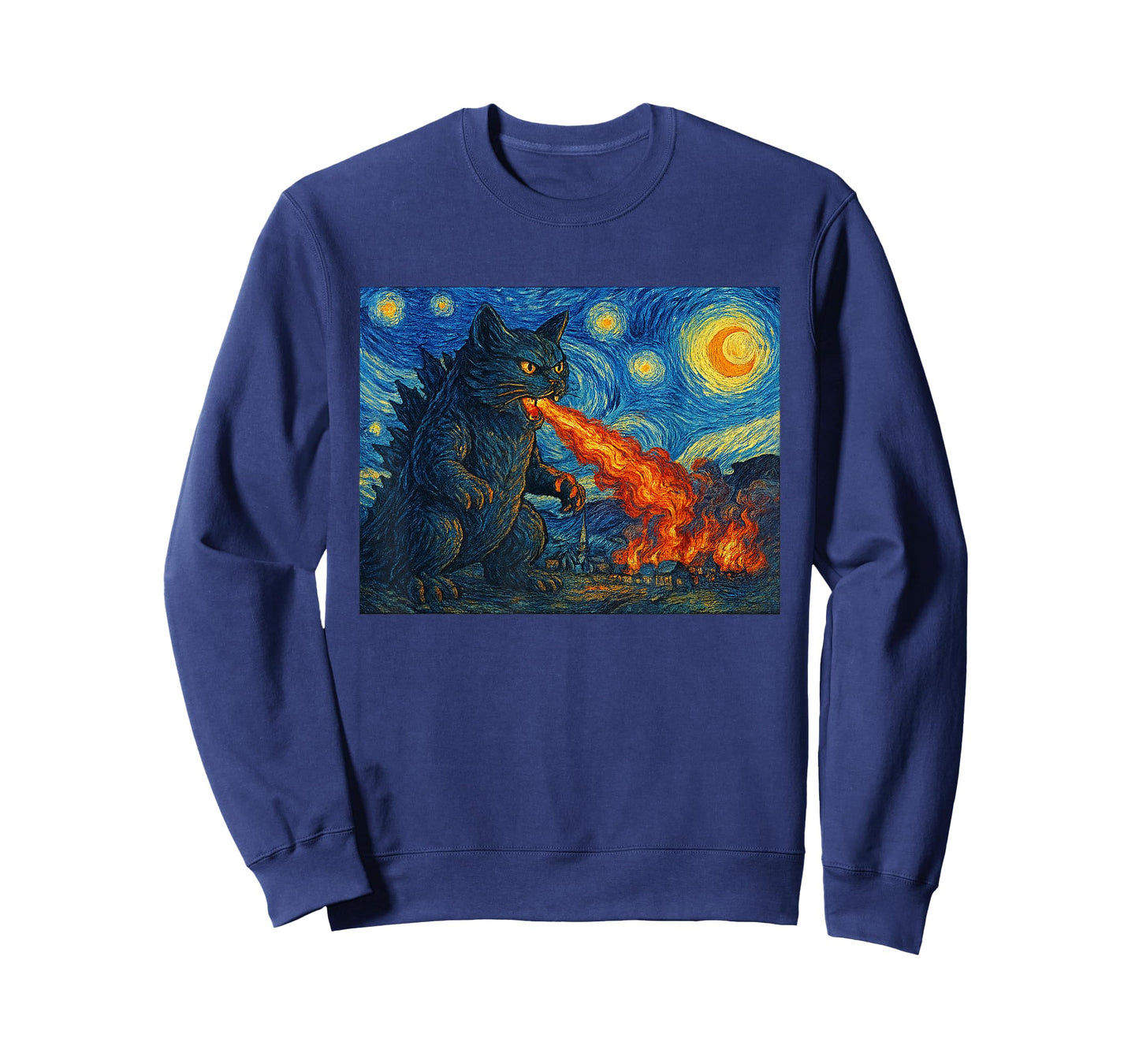 Starry Night Catzilla Monster Cat Van Gogh Style Cat Lover T-Shirt