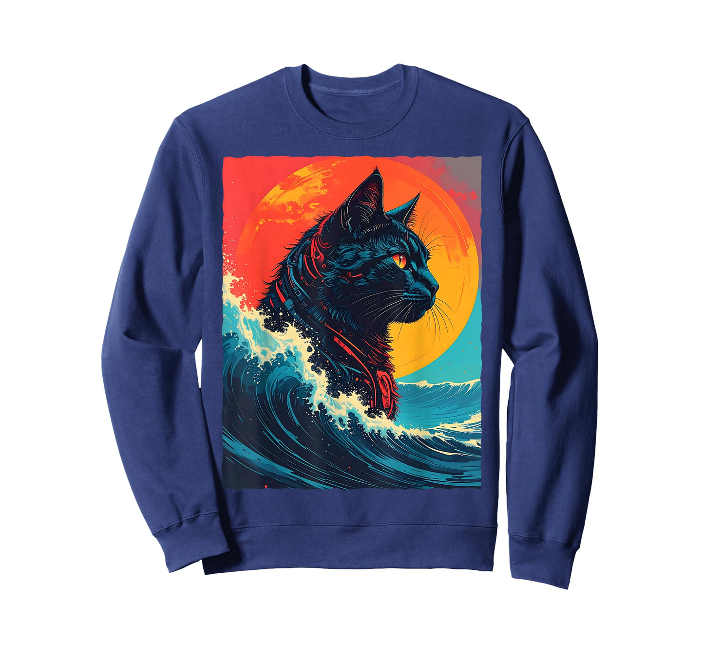 Great Kanagawa Wave Black Cat Robot Cyborg Sci-Fi Retro Sun T-Shirt