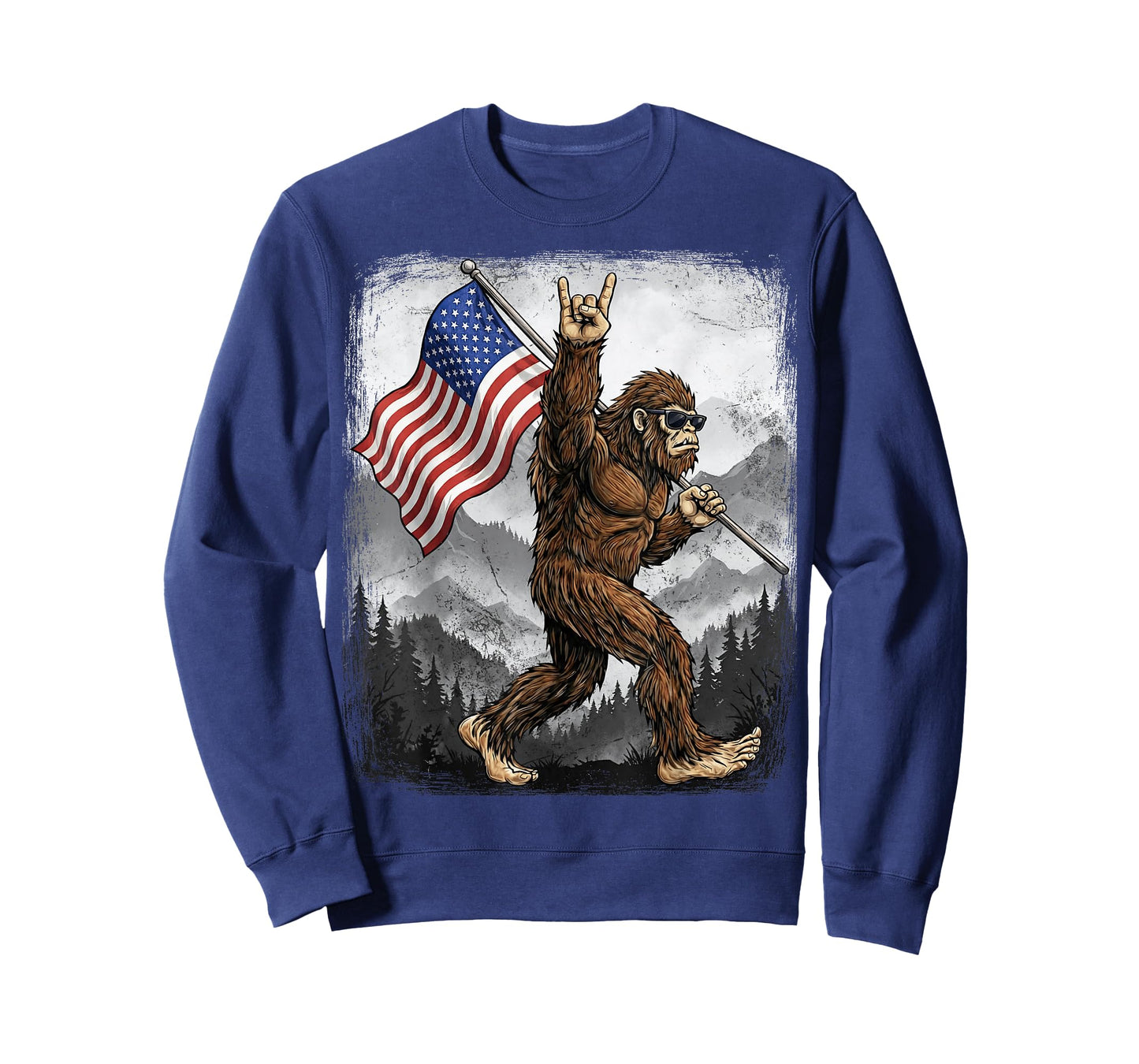 Bigfoot Rock On Hand Sign American Flag 4th of July USA T-Shirt