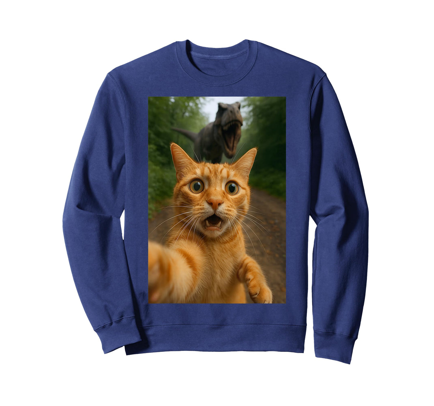 Cat Selfie Escape from Dinosaur Funny for Kids Teens Adult T-Shirt