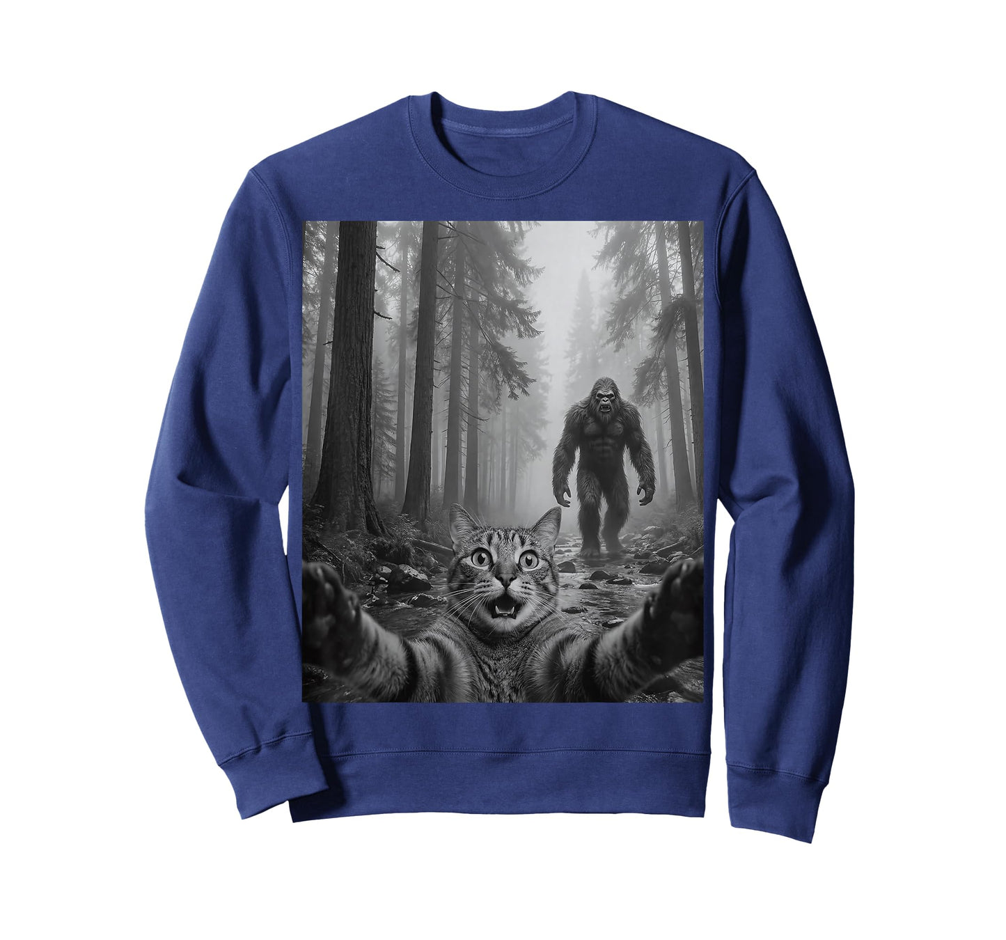 Funny Cute Tabby Cat Selfie with Bigfoot Men Women Kids T-Shirt