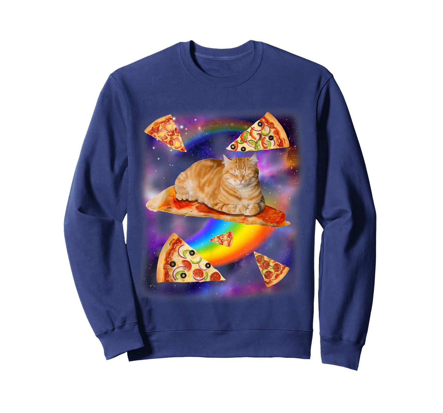 Funny Cat Riding Pizza Galaxy Cat in Space with Rainbows T-Shirt