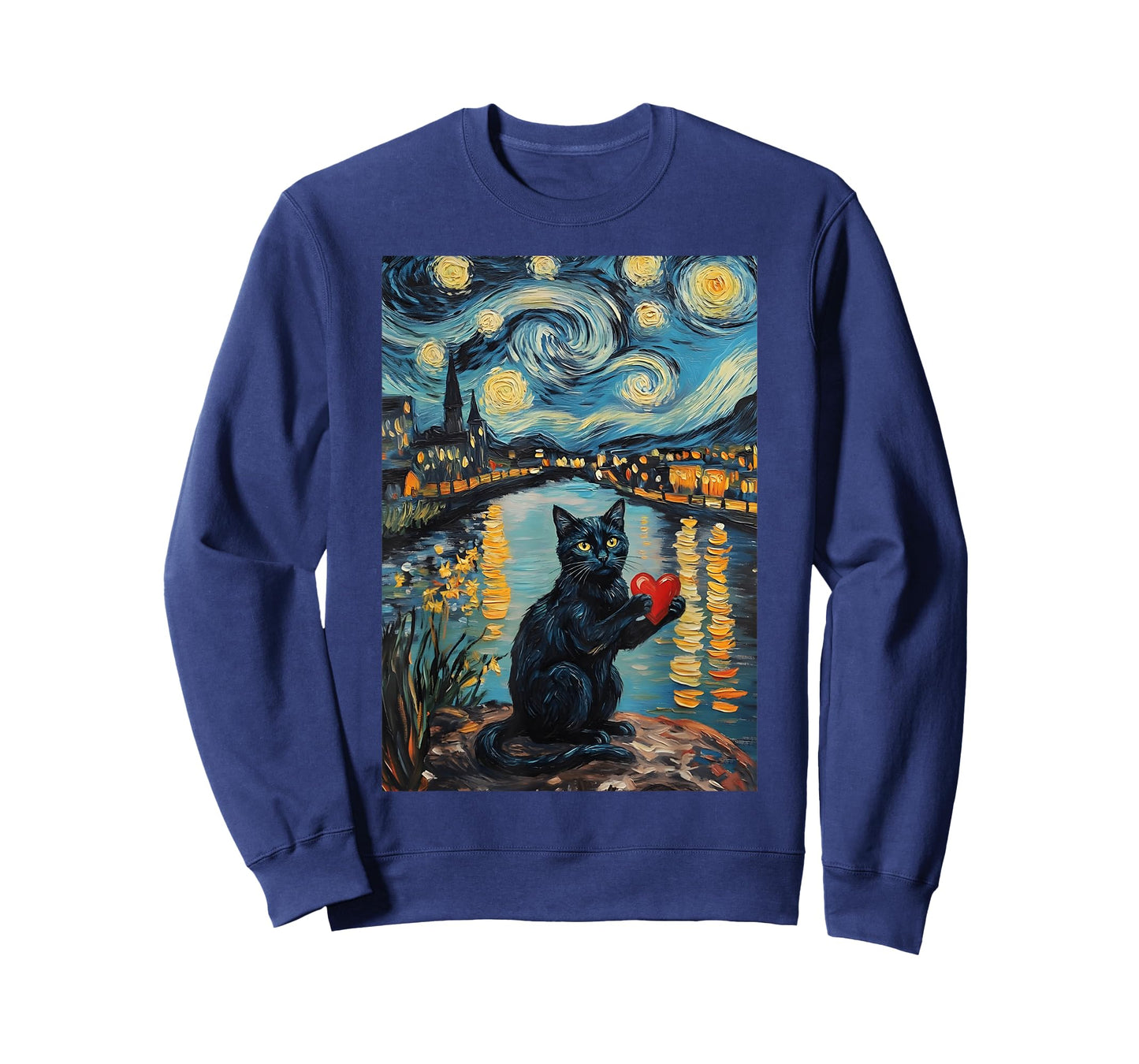 Black Cat Starry Night Van Gogh Valentine's Day Cat Lover T-Shirt