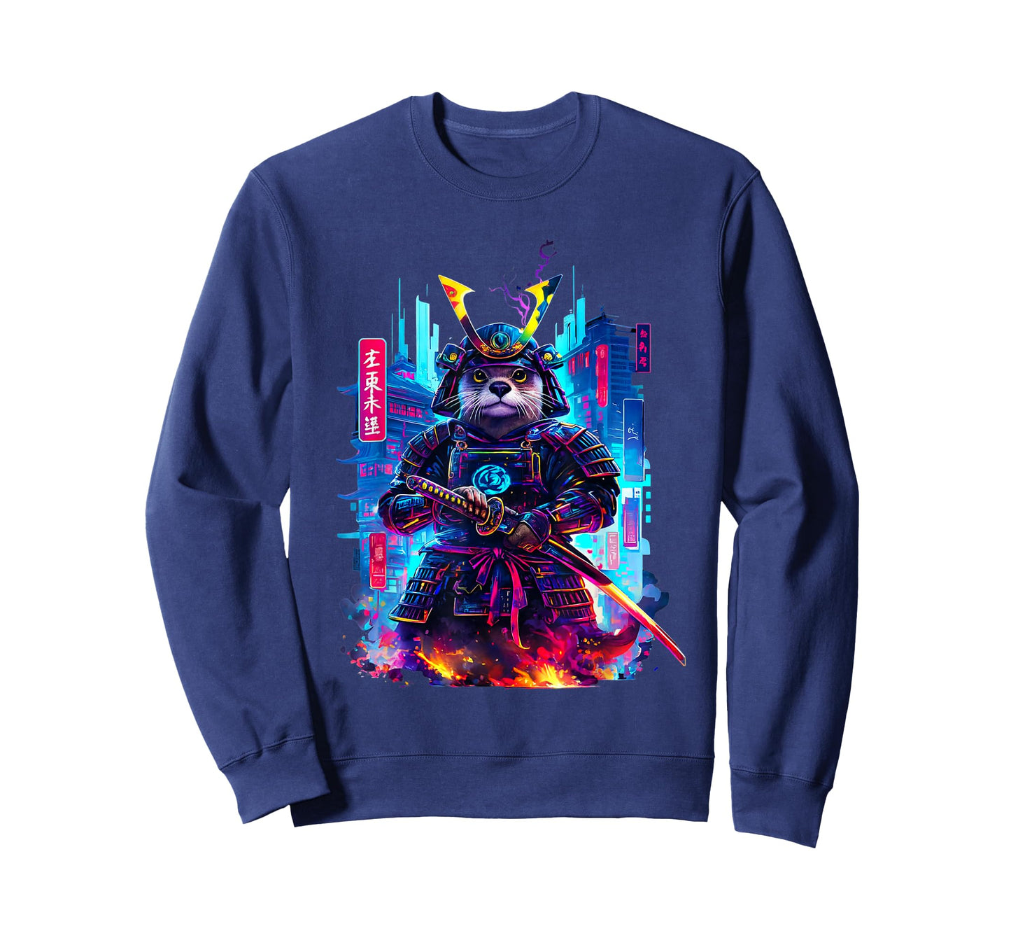 Otter Katana Cyberpunk Neon Samurai Japanese Art T-Shirt
