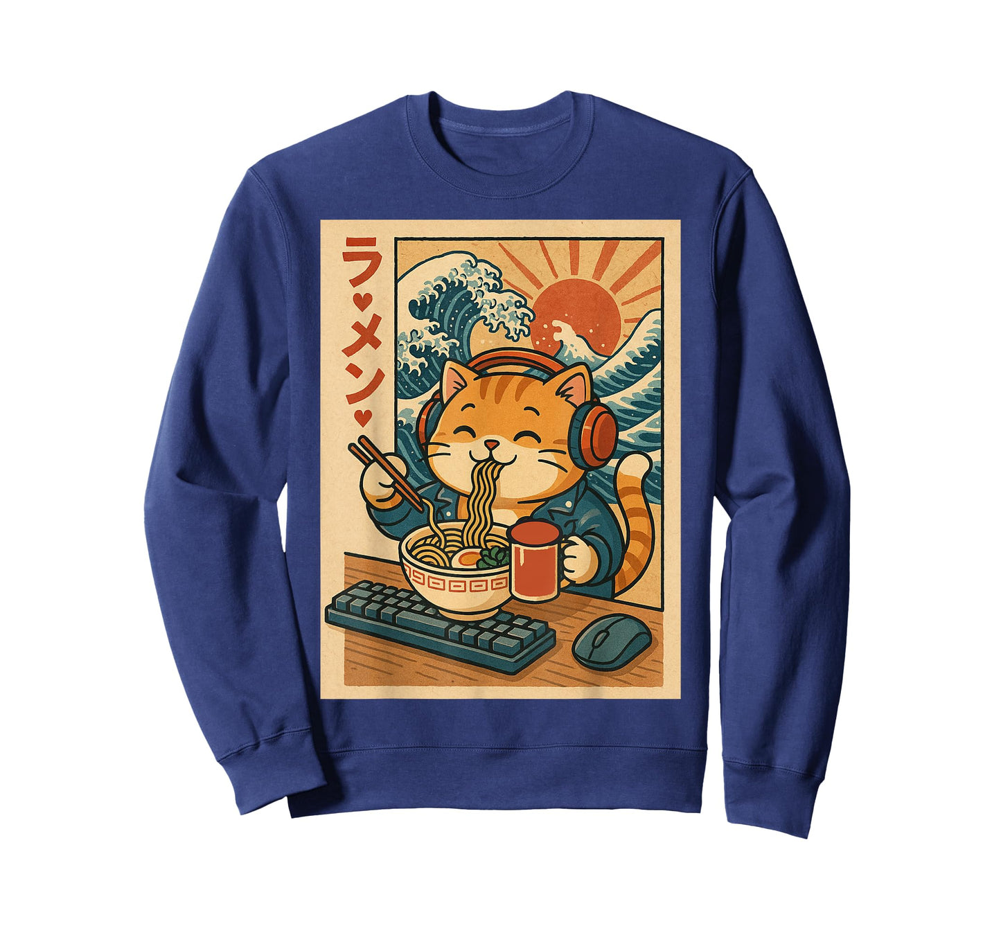 Kawaii Gamer Cat Eating Ramen Retro Japanese Style Noodle T-Shirt