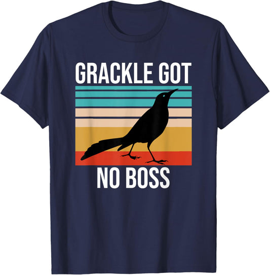 Vintage Grackle Got No Boss Funny Bird Lover Retro T-Shirt - T-Shirt | Navy