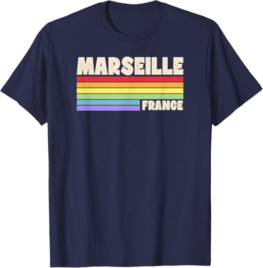 Marseille France Rainbow Gay Pride Merch Retro 70s 80s Queer T-Shirt - T-Shirt | Navy