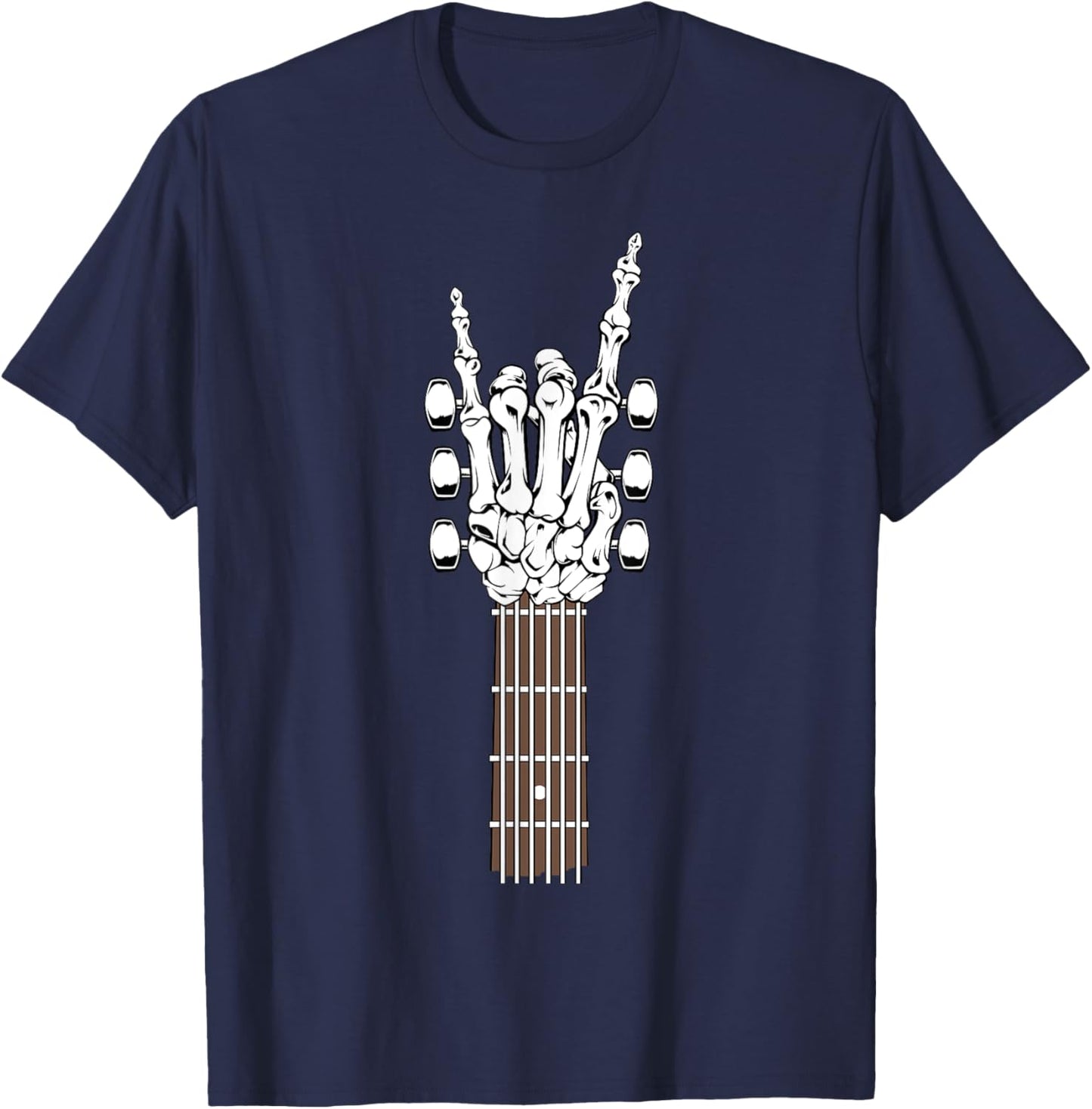 Skeleton Hand Playing Rock Guitar Guitarist Band Rockstar T-Shirt - T-Shirt | Navy