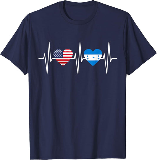 USA Honduras Shirt Heartbeat America Honduran Flag Heart T-Shirt - T-Shirt | Navy