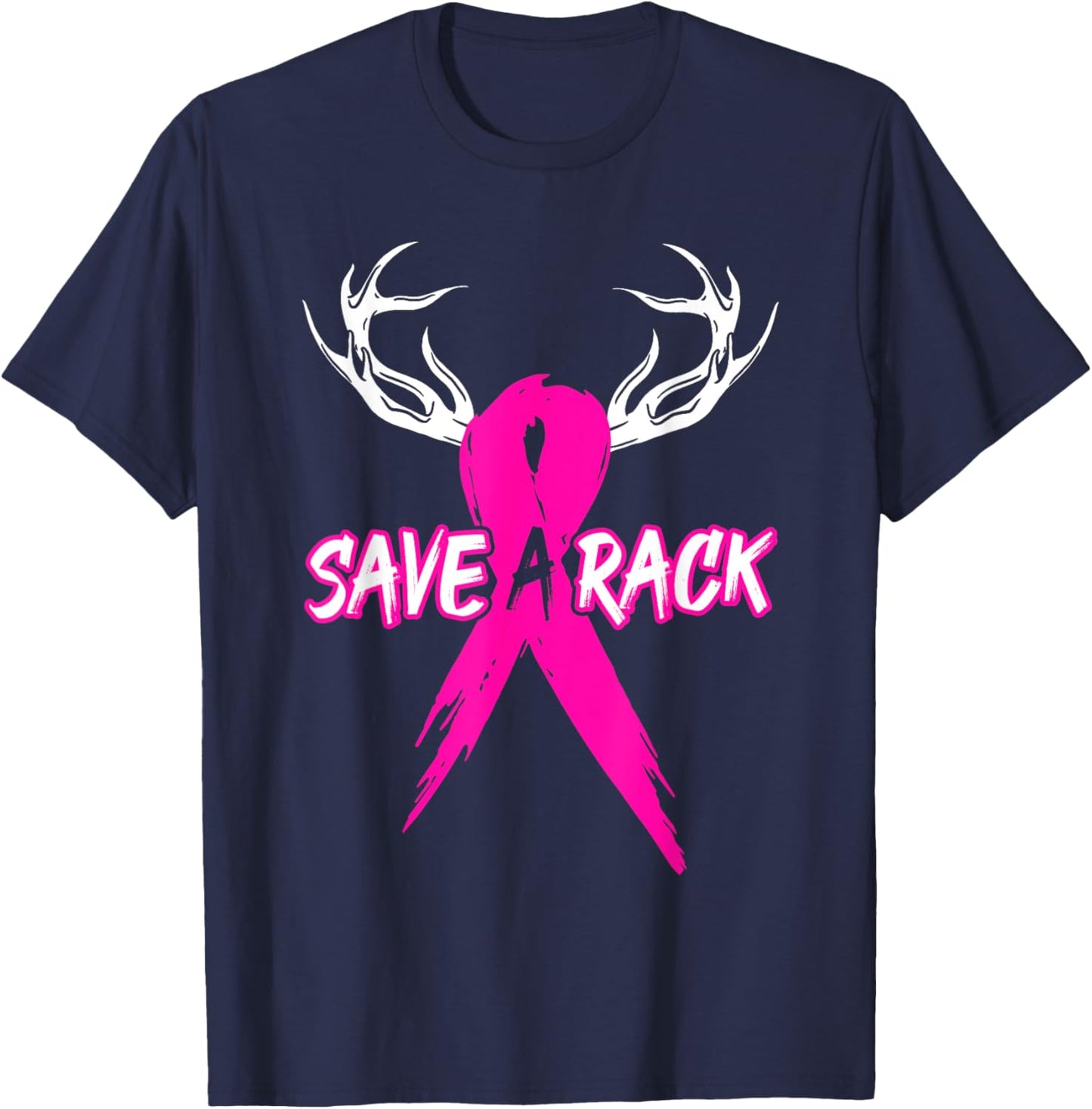 Breast Cancer Awareness Save A Rack Deer Pink Ribbon T-Shirt - T-Shirt | Navy