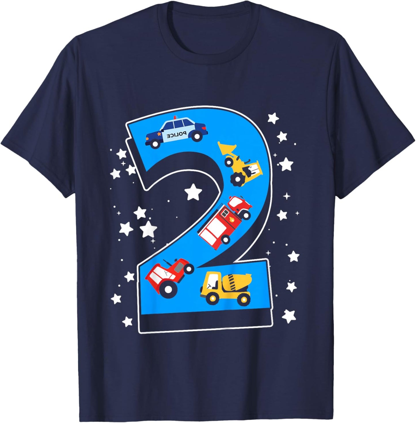 Kids 2nd Birthday 2 Years with firetruck and police car T-Shirt - T-Shirt | Navy