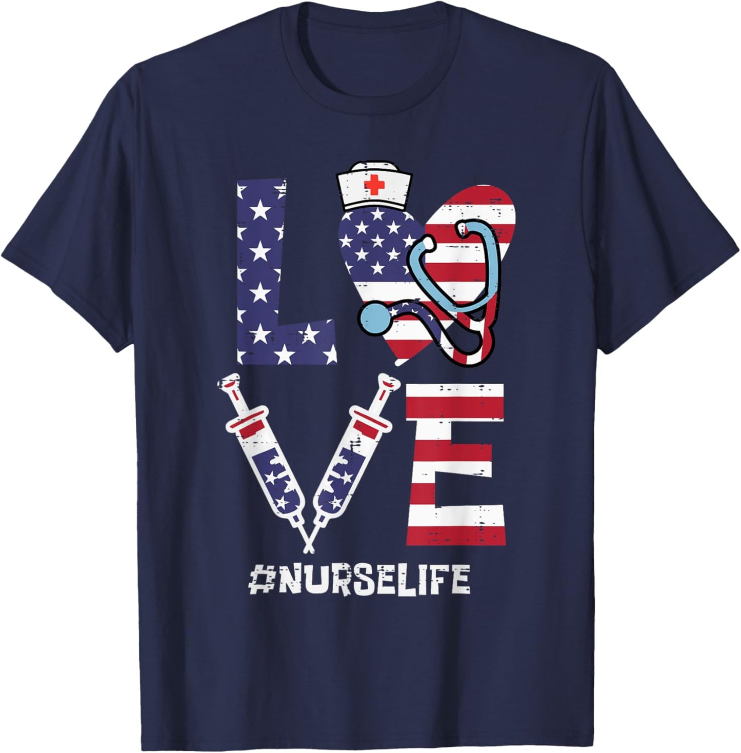 Love Stethoscope Nurse Fourth 4th Of July Nursing Patriot T-Shirt - T-Shirt | Navy