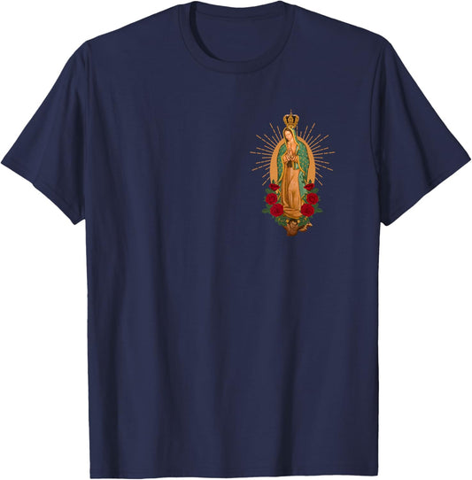 Our Lady Virgen De Guadalupe Virgin Mary Linda Floral Pocket Small T-Shirt - T-Shirt | Navy