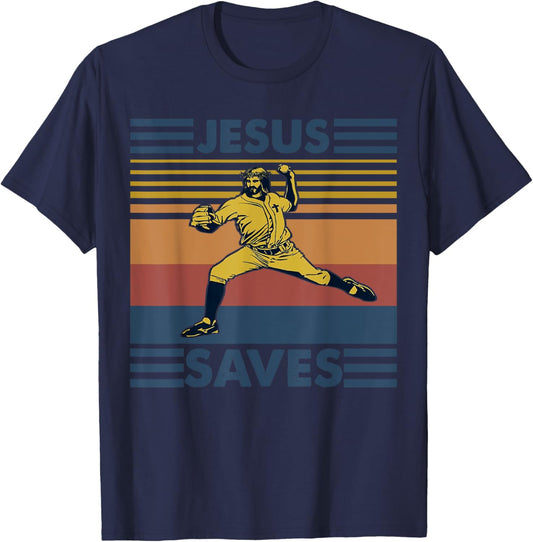 Retro Distressed Jesus Saves Baseball T-Shirt - T-Shirt | Navy