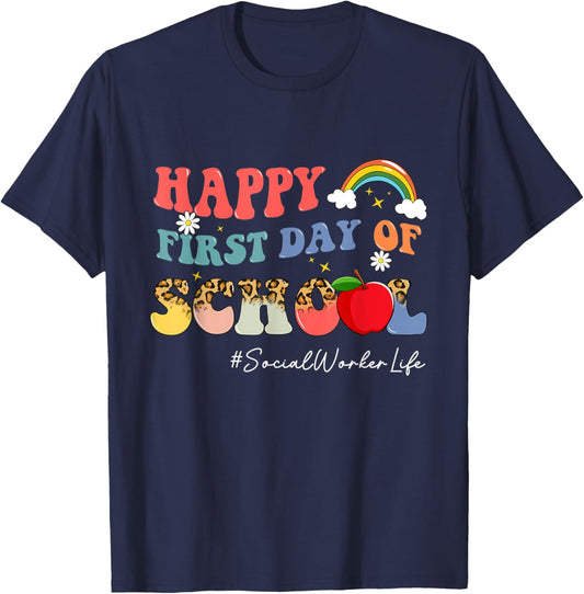 First Day Of School Social Worker Life Boho Leopard Rainbow T-Shirt - T-Shirt | Navy