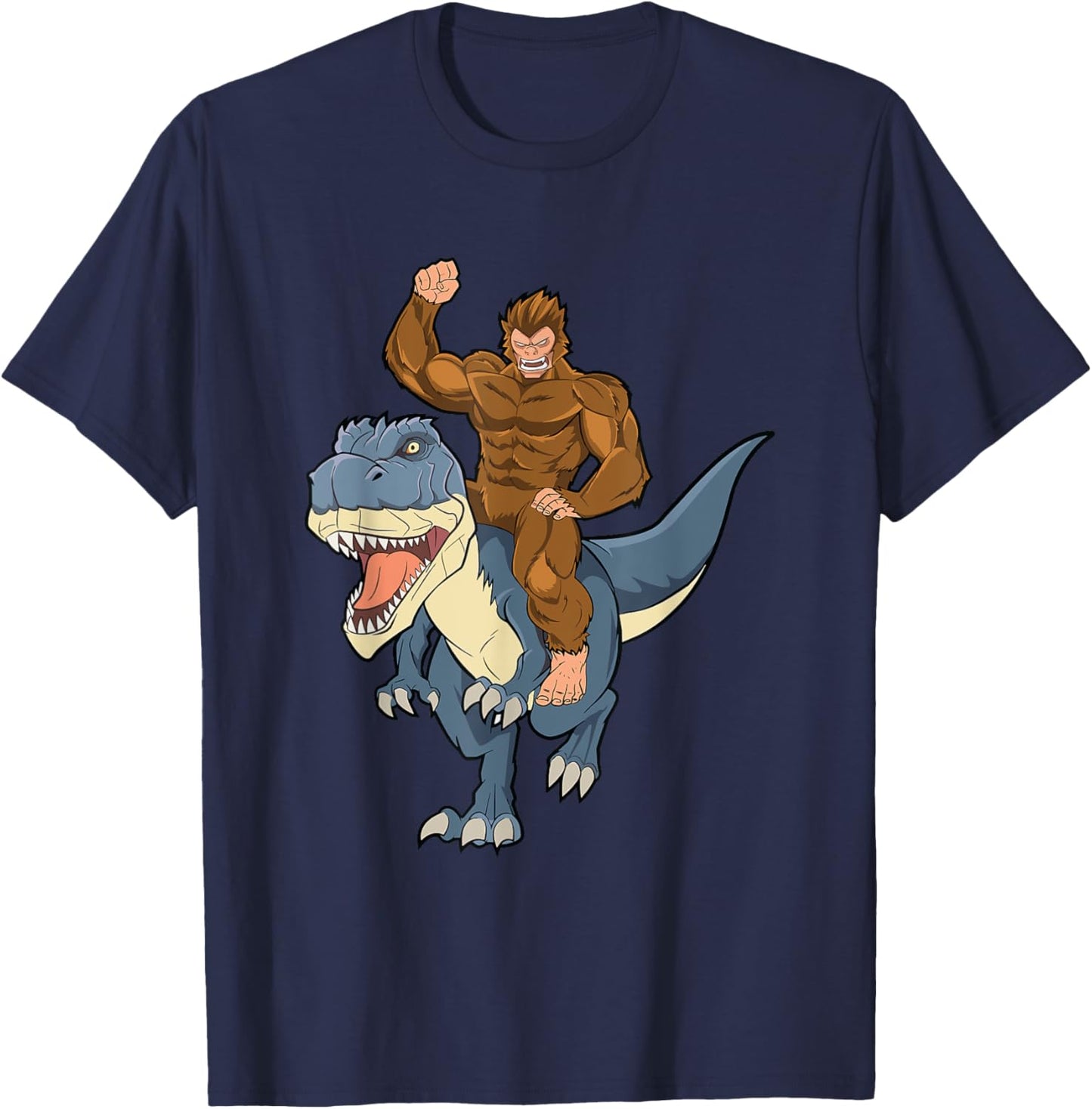 Bigfoot Sasquatch Riding Dinosaur T Rex For Boys Girls Kids T-Shirt - T-Shirt | Navy