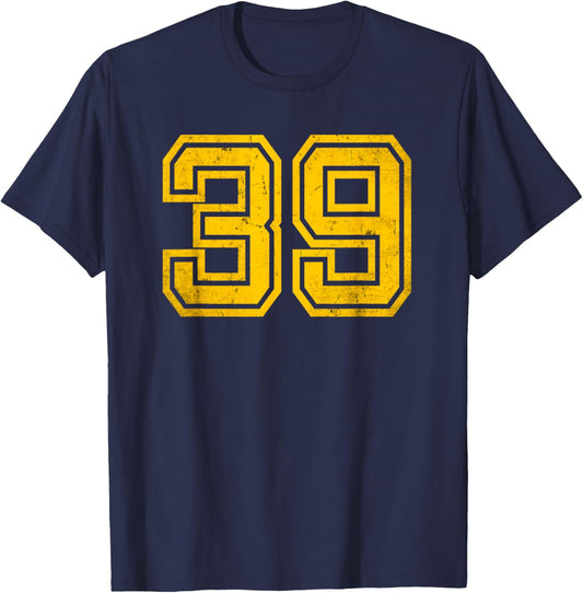 Number #39 Sports Jersey 39th Birthday Age Distress Yellow T-Shirt - T-Shirt | Navy