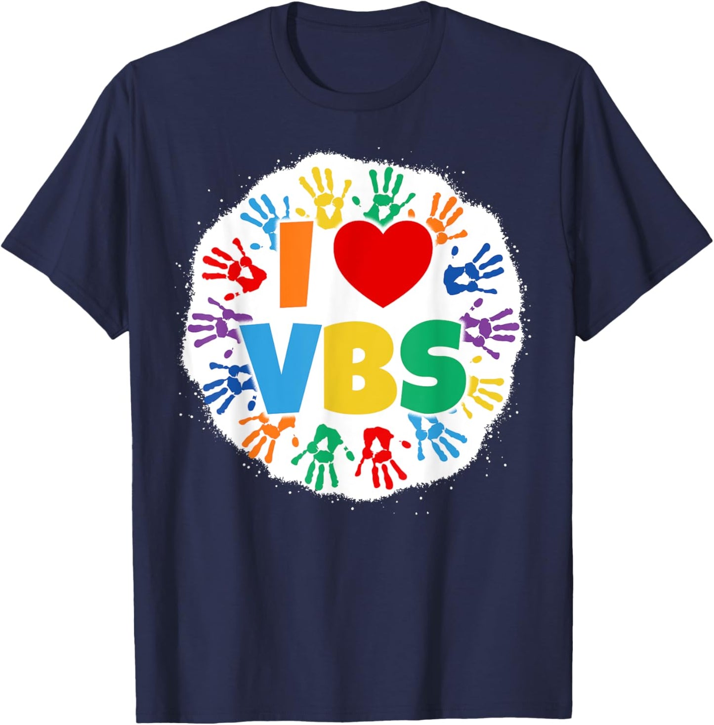 2022 Vacation Bible School Bleached Handprints I Love VBS T-Shirt - T-Shirt | Navy