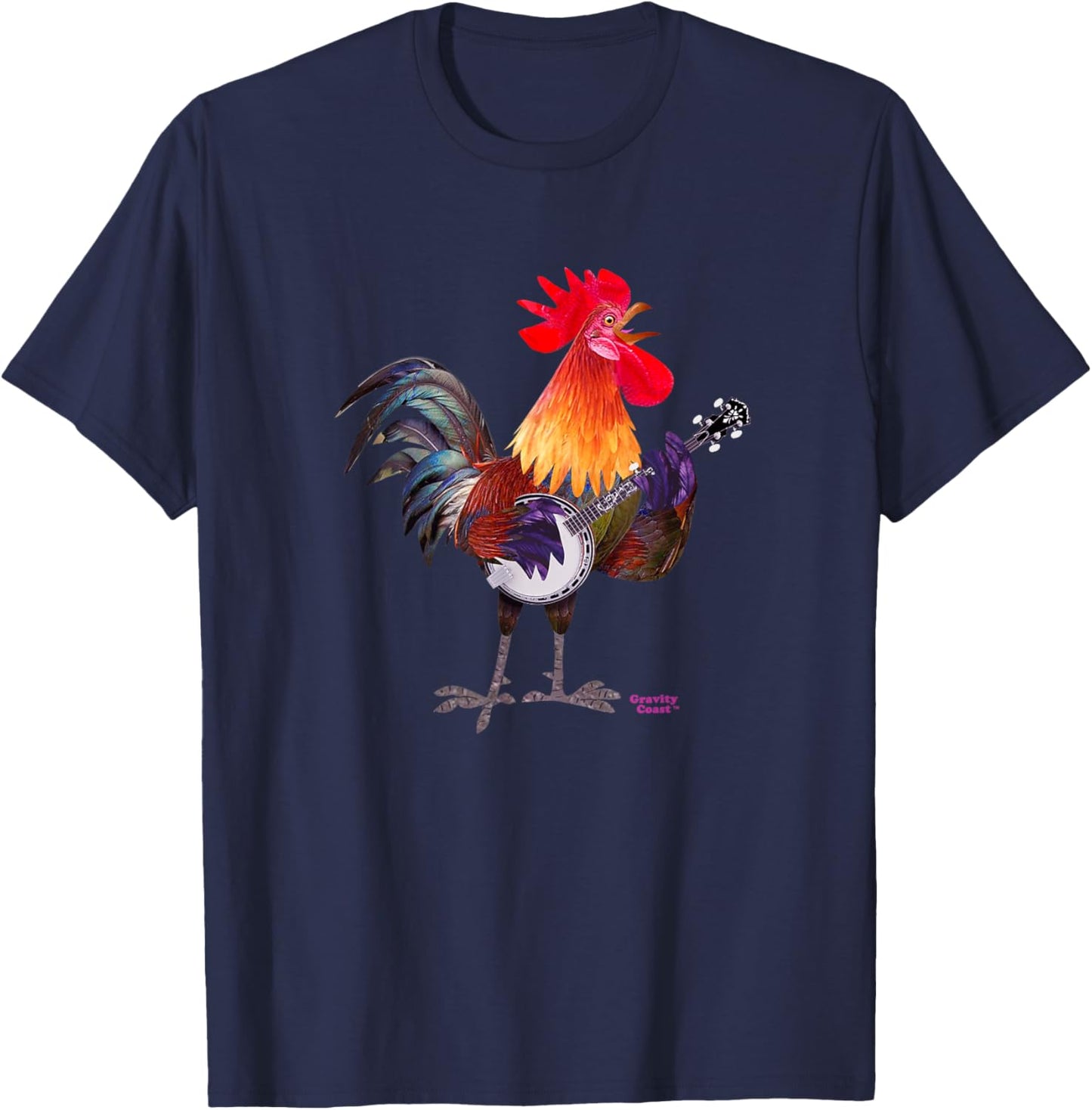 Rooster Playing Banjo on Fleck For Bluegrass Fans Musicians T-Shirt - T-Shirt | Navy