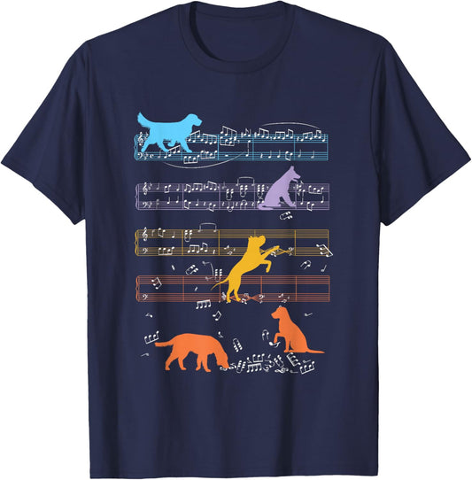 Dogs Playing With Sheet Music Notes - Music Teacher T-Shirt - T-Shirt | Navy