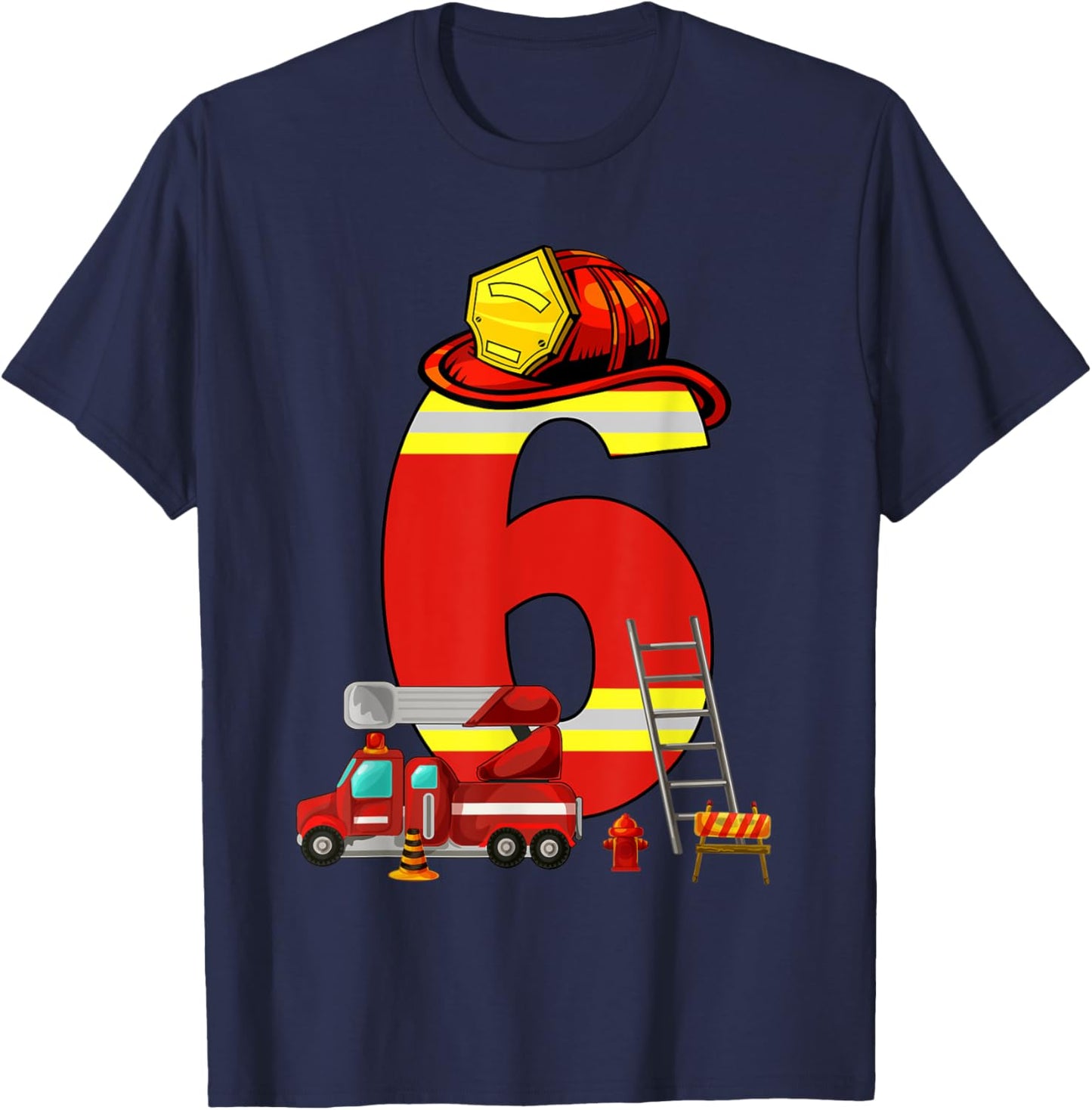 Fire Truck 6th Birthday Boy 6 Year Old Toddler Firefighter T-Shirt - T-Shirt | Navy
