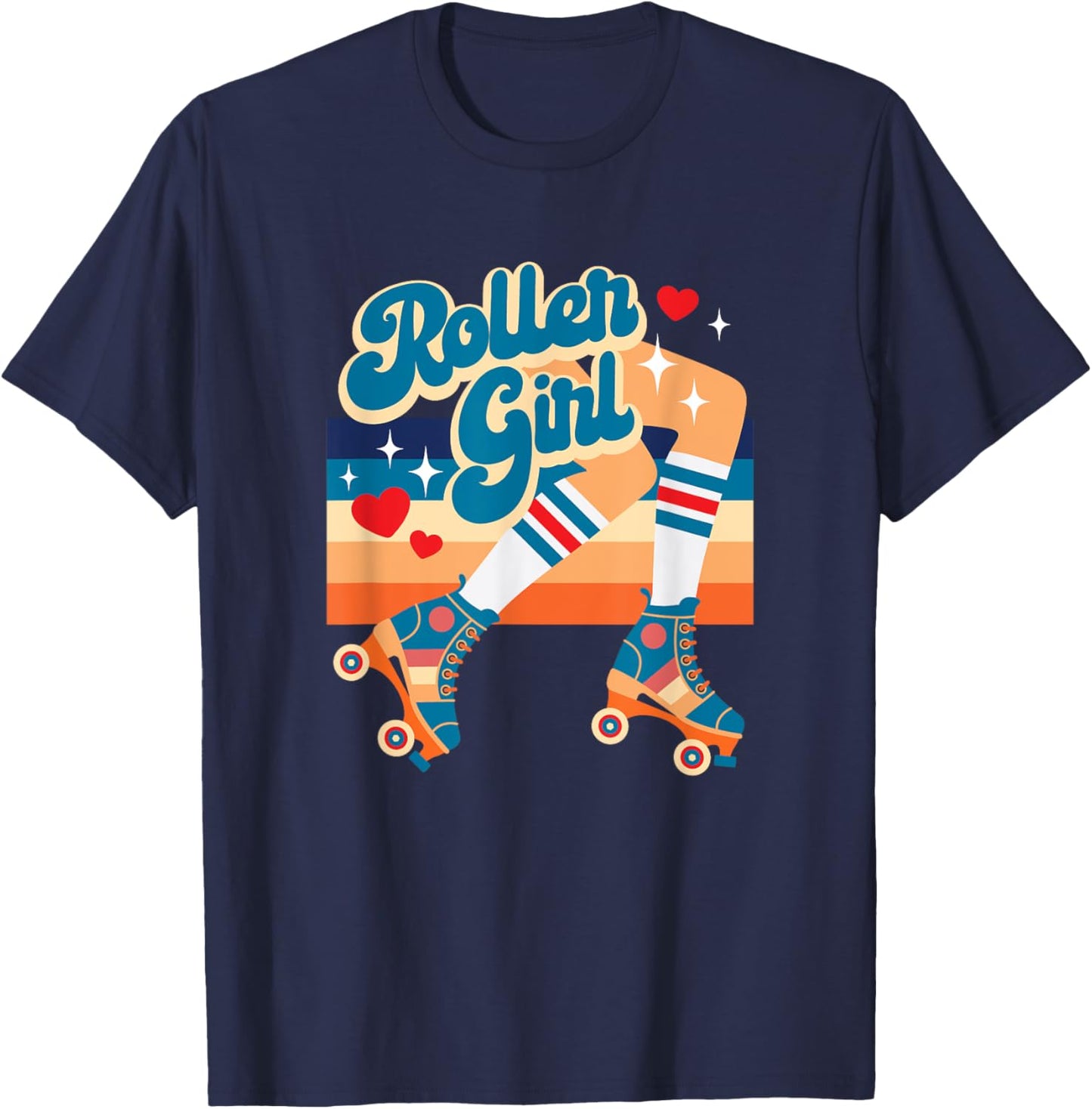 Retro Vintage Roller Girl Roller Skates w Hearts And Stripes T-Shirt - T-Shirt | Navy