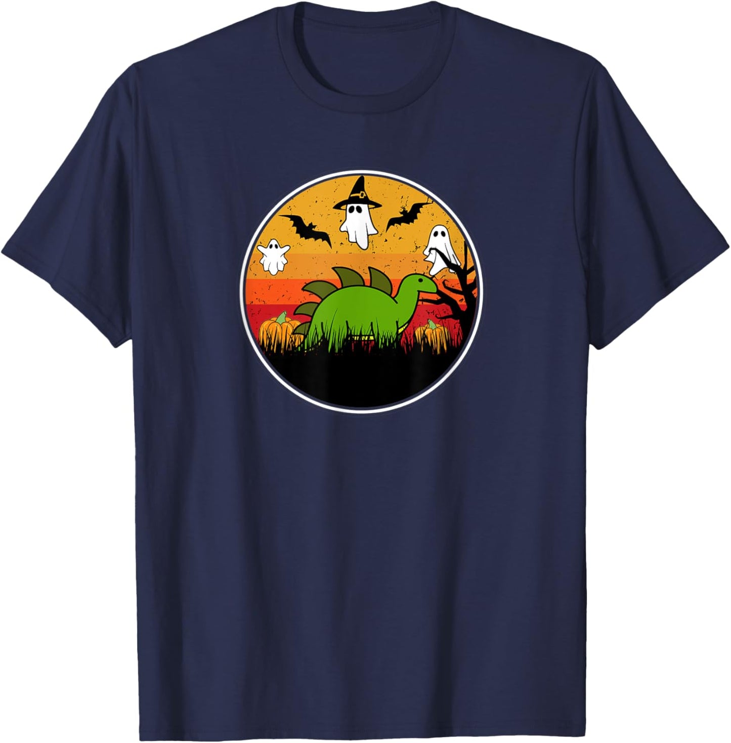 Stegosaurus Dinosaur Dino Pumpkin Patch Bat Ghost Kawaii T-Shirt - T-Shirt | Navy