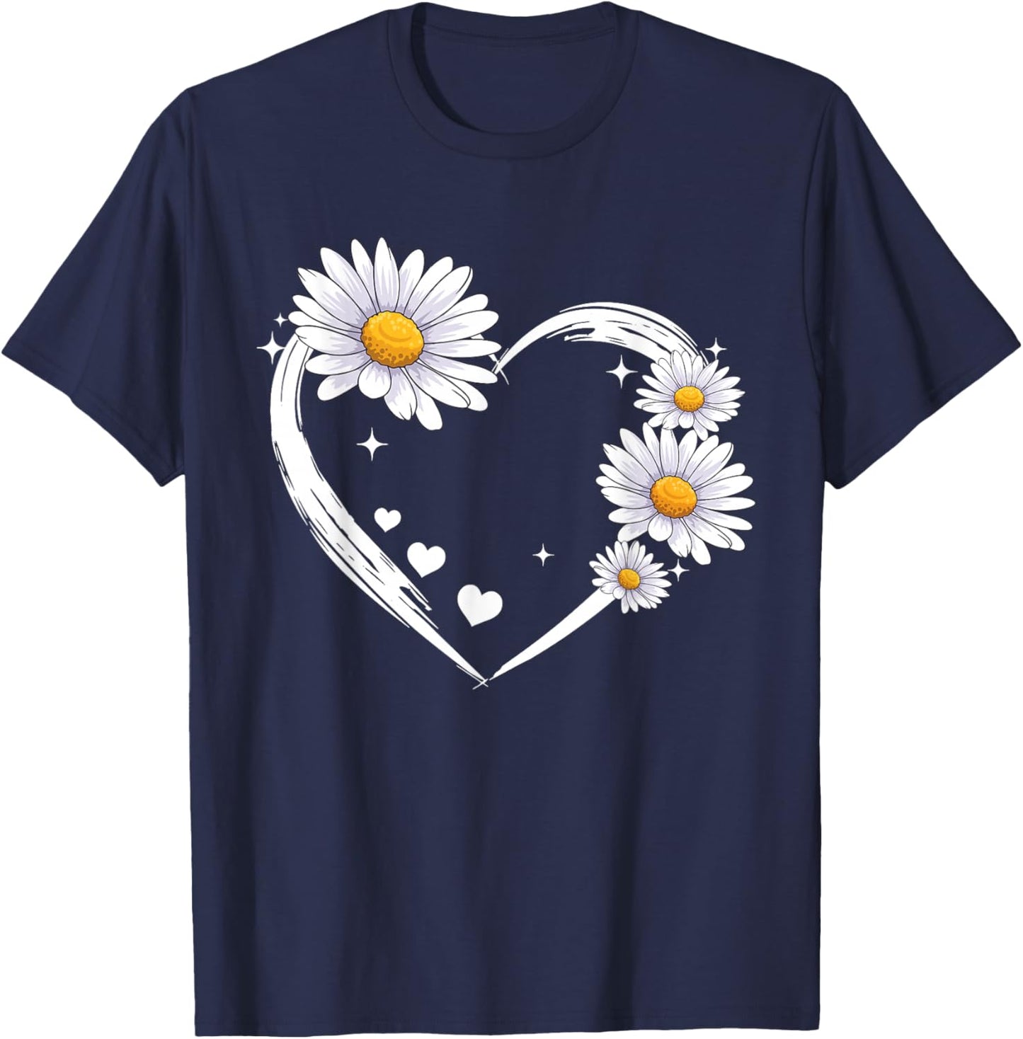 Heart with Daisy Flowers, Daisies with Heart Outline T-Shirt - T-Shirt | Navy