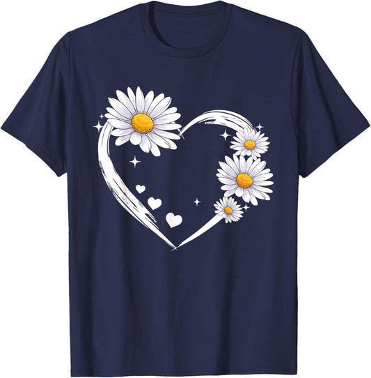 Heart with Daisy Flowers, Daisies with Heart Outline T-Shirt - T-Shirt | Navy