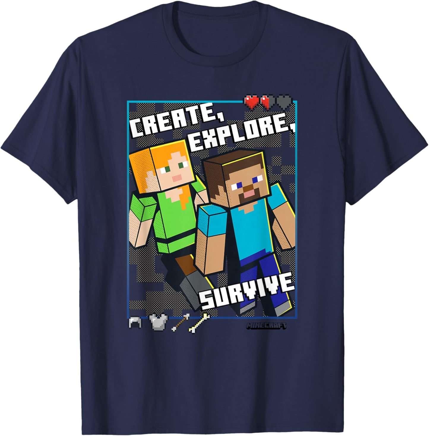 Minecraft Steve and Alex Create Explore Survive Box Up T-Shirt - T-Shirt | Navy