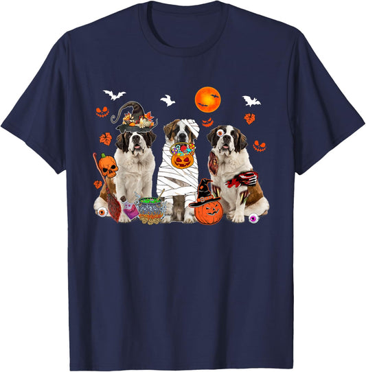 Three St. Bernard Dogs Witch Scary Mummy Halloween Zombie T-Shirt - T-Shirt | Navy