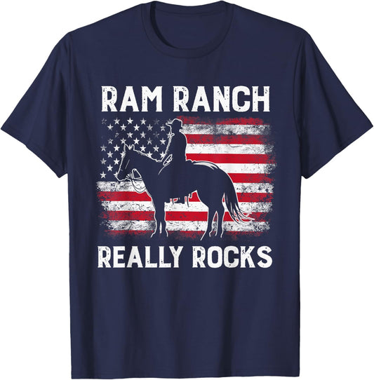 Ram Ranch Really Rocks Western Cowboy Horseback USA Flag T-Shirt - T-Shirt | Navy