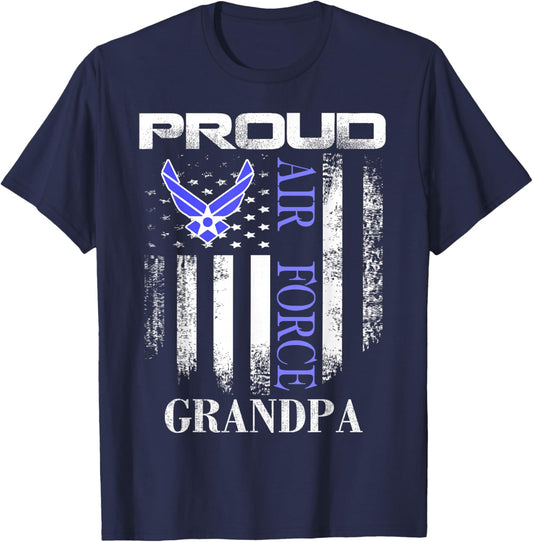 Vintage Proud Air Force Grandpa With American Flag Gift T-Shirt - T-Shirt | Navy