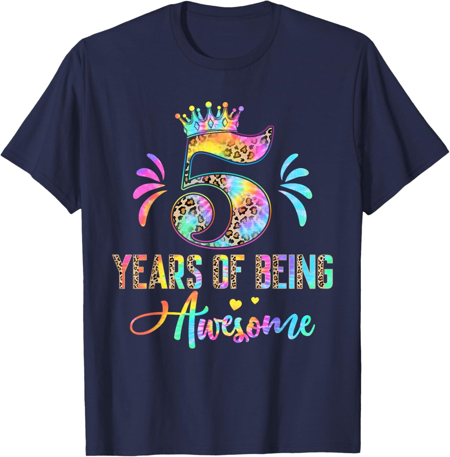 Kids Five Year Old Rainbow 5th Birthday Leopard For Girls 5 T-Shirt - T-Shirt | Navy
