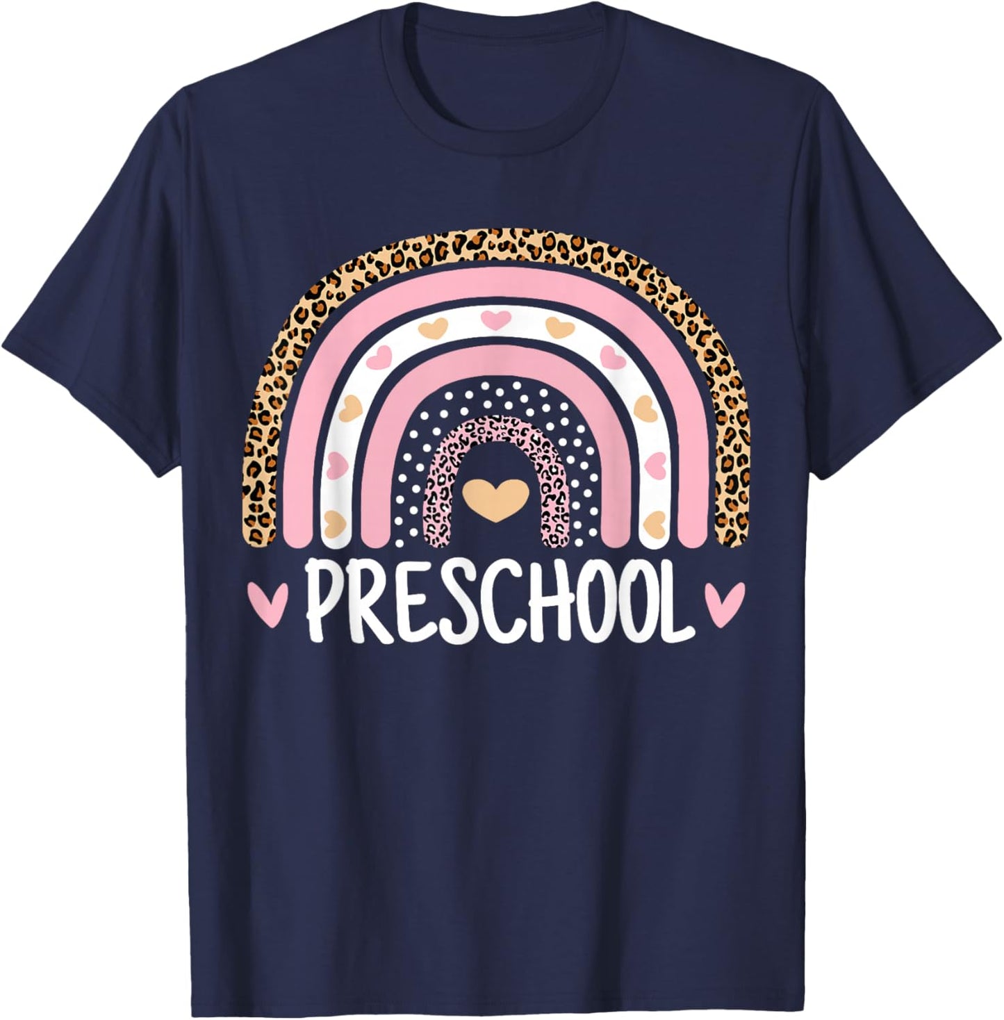 Leopard Rainbow Preschool Teacher Funny Back to School Kids T-Shirt - T-Shirt | Navy