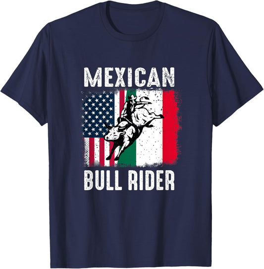 Mexican Bull Rider Cowboy USA Flag Mexico Flag Bull-Riding T-Shirt - T-Shirt | Navy