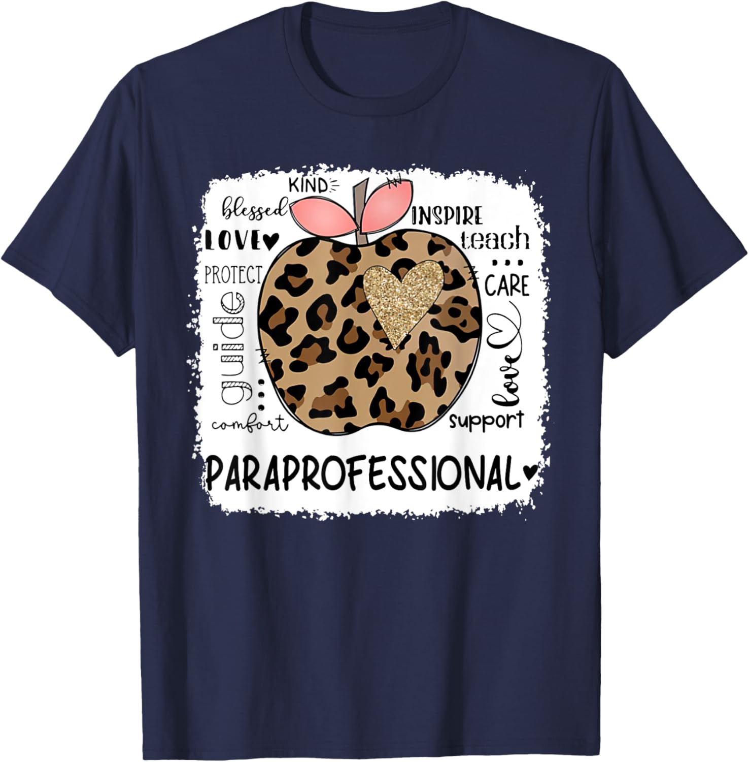 Paraprofessional Kind Blessed Teach Inspire Love Leopard T-Shirt - T-Shirt | Navy