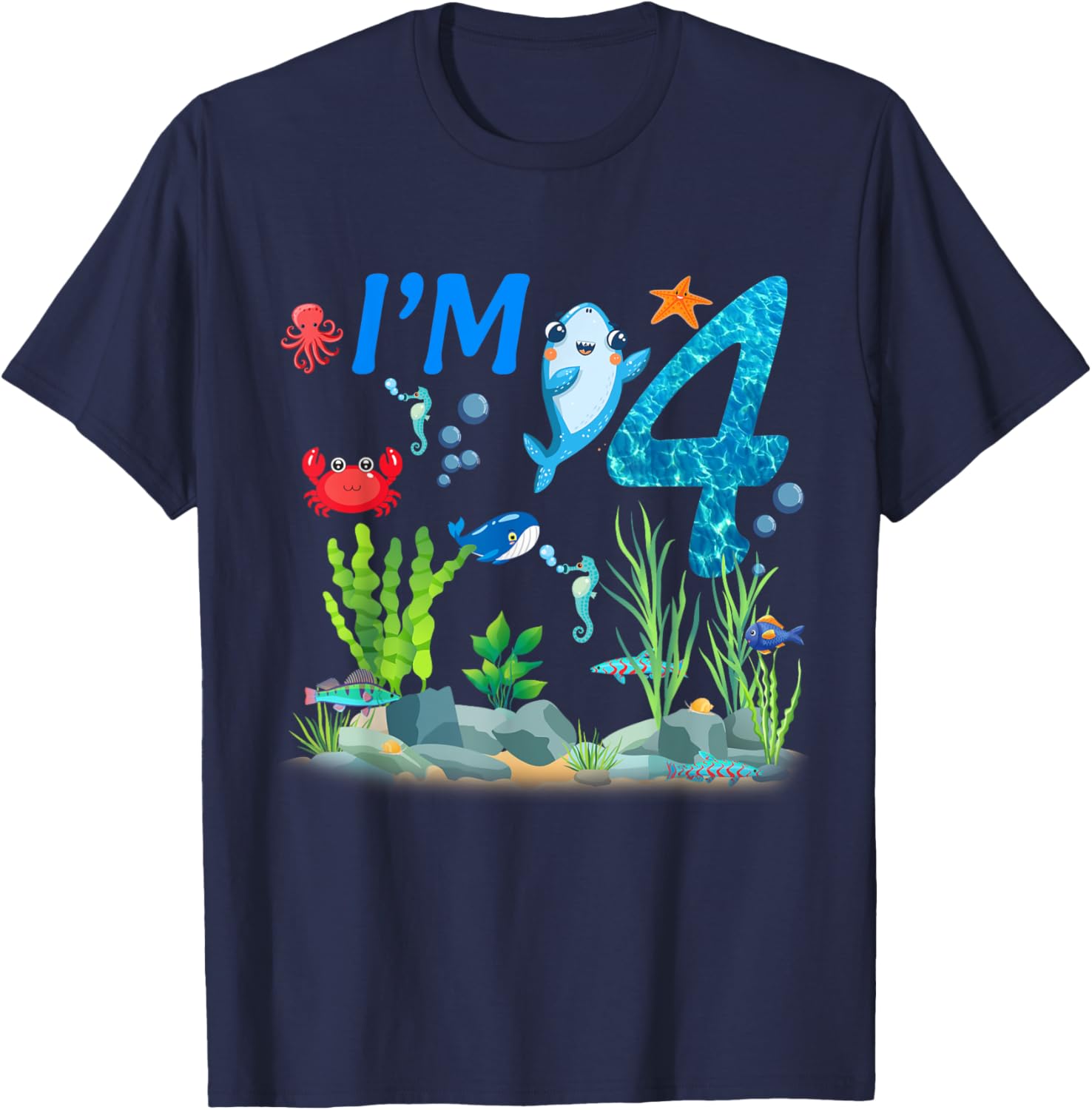 4 Year Old Ocean themed birthday Under the sea 4th birthday T-Shirt - T-Shirt | Navy