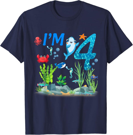 4 Year Old Ocean themed birthday Under the sea 4th birthday T-Shirt - T-Shirt | Navy