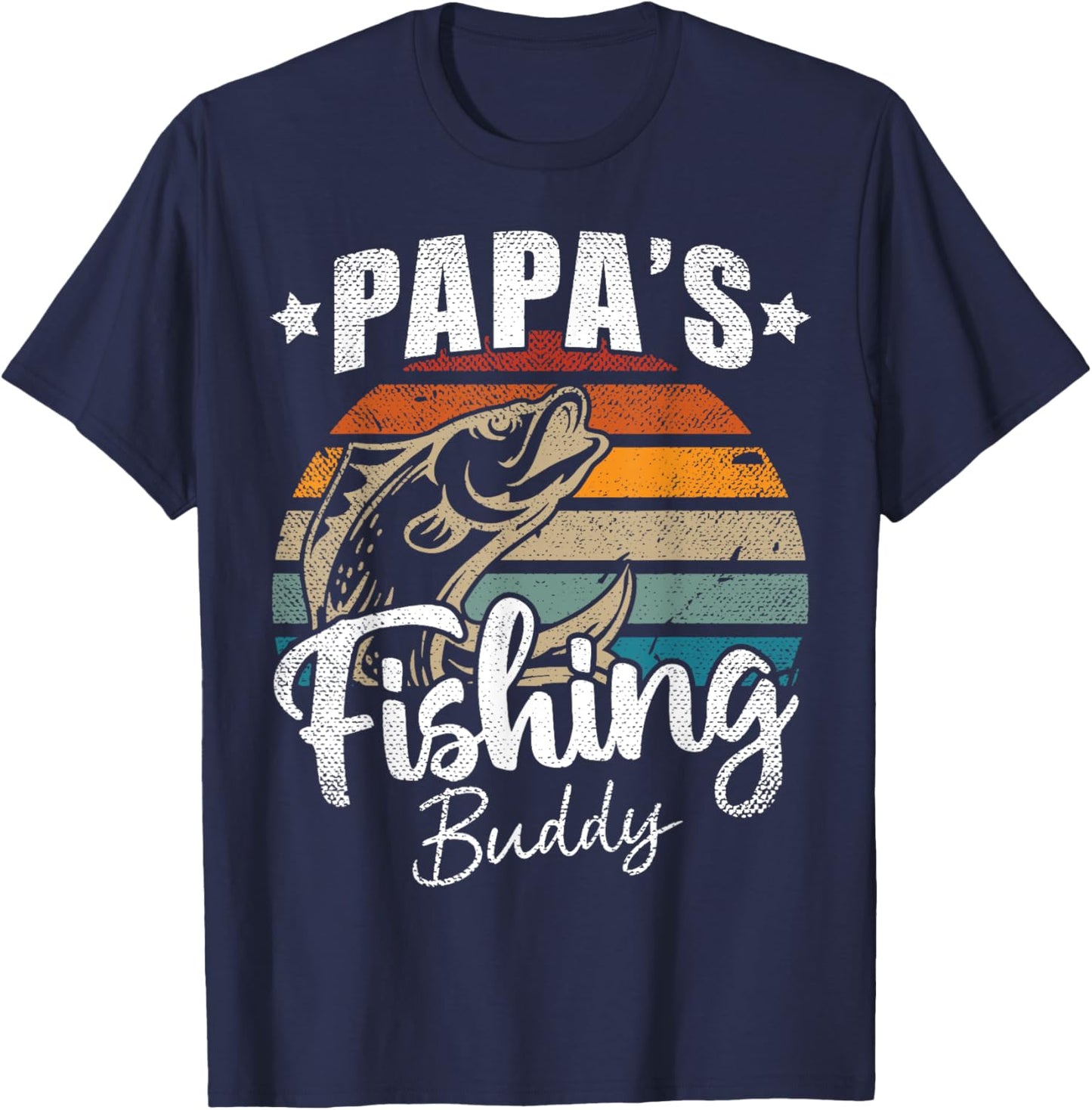 Vintage Papa's Fishing Buddy Kids Funny Retro Sunset fish T-Shirt - T-Shirt | Navy