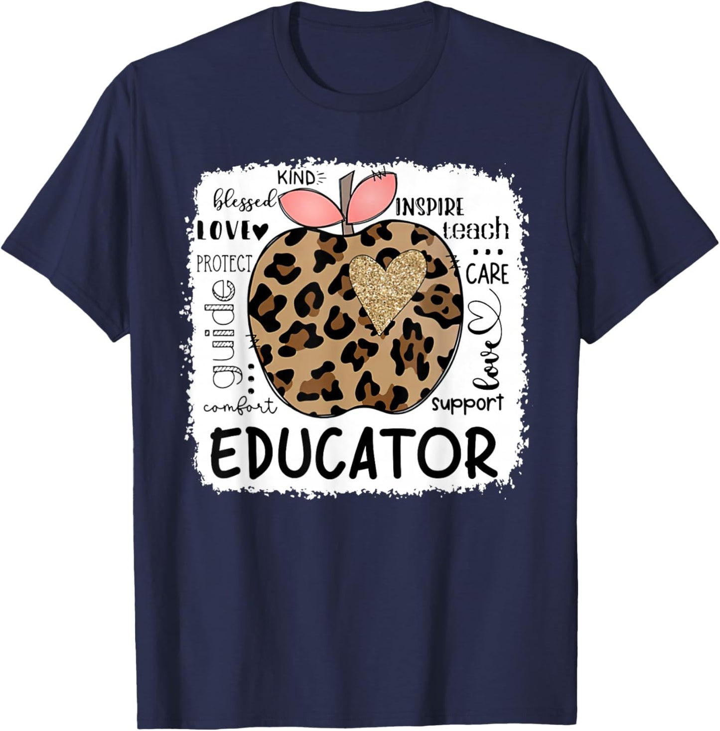 Educator Kind Blessed Teach Inspire Love Leopard Apple T-Shirt - T-Shirt | Navy