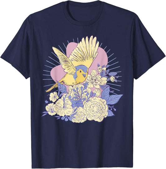 Bird Flowers - Cottagecore T-Shirt - T-Shirt | Navy