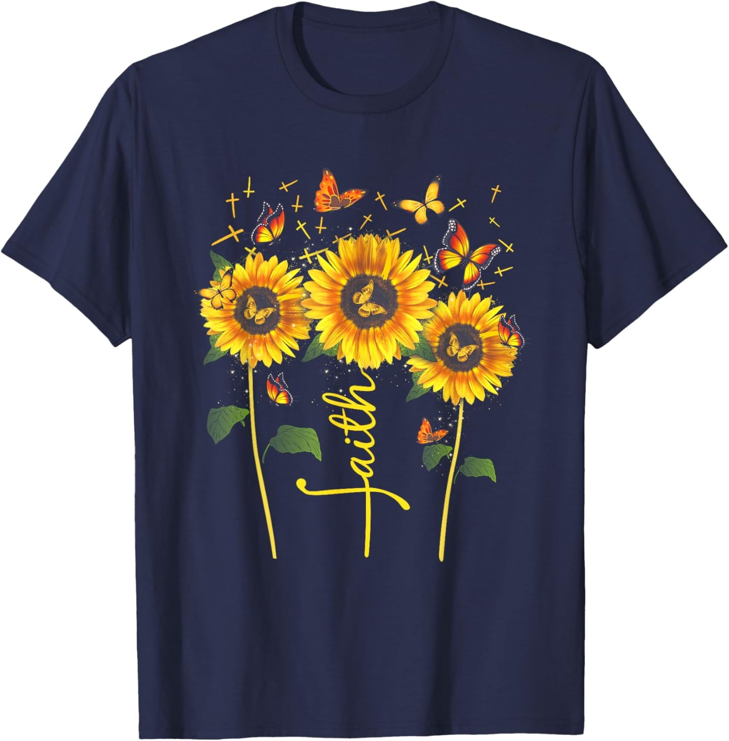 Vintage Faith Cross Sunflower Butterflies Flowers Christians T-Shirt - T-Shirt | Navy