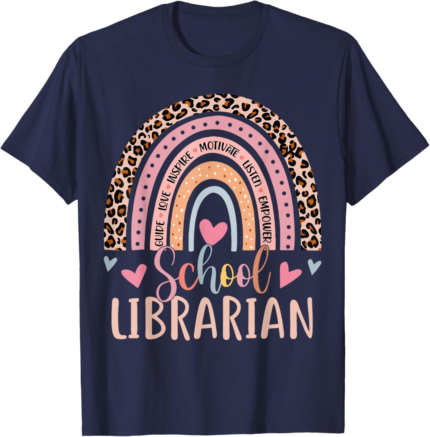 School Librarian Rainbow Leopard Print Funny Librarian T-Shirt - T-Shirt | Navy