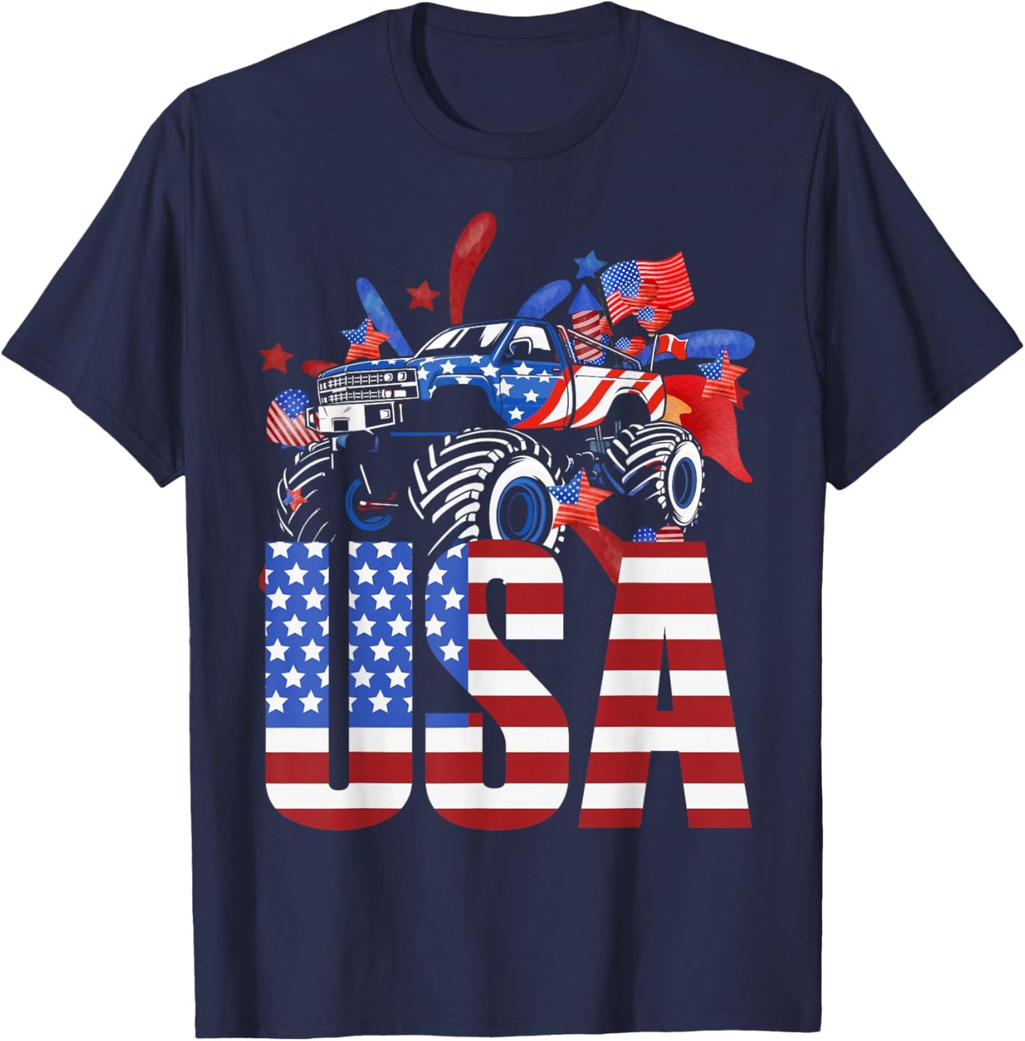 Monster Truck Toddler Boys USA American Flag July 4th Small T-Shirt - T-Shirt | Navy