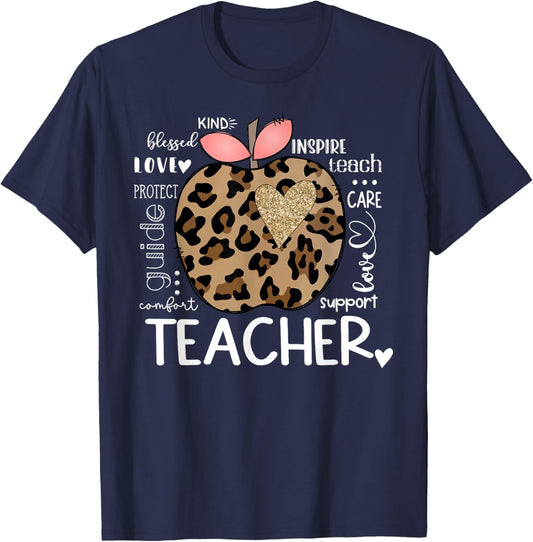 Teacher Life Leopard Apple Teacher's Day Back to School T-Shirt - T-Shirt | Navy