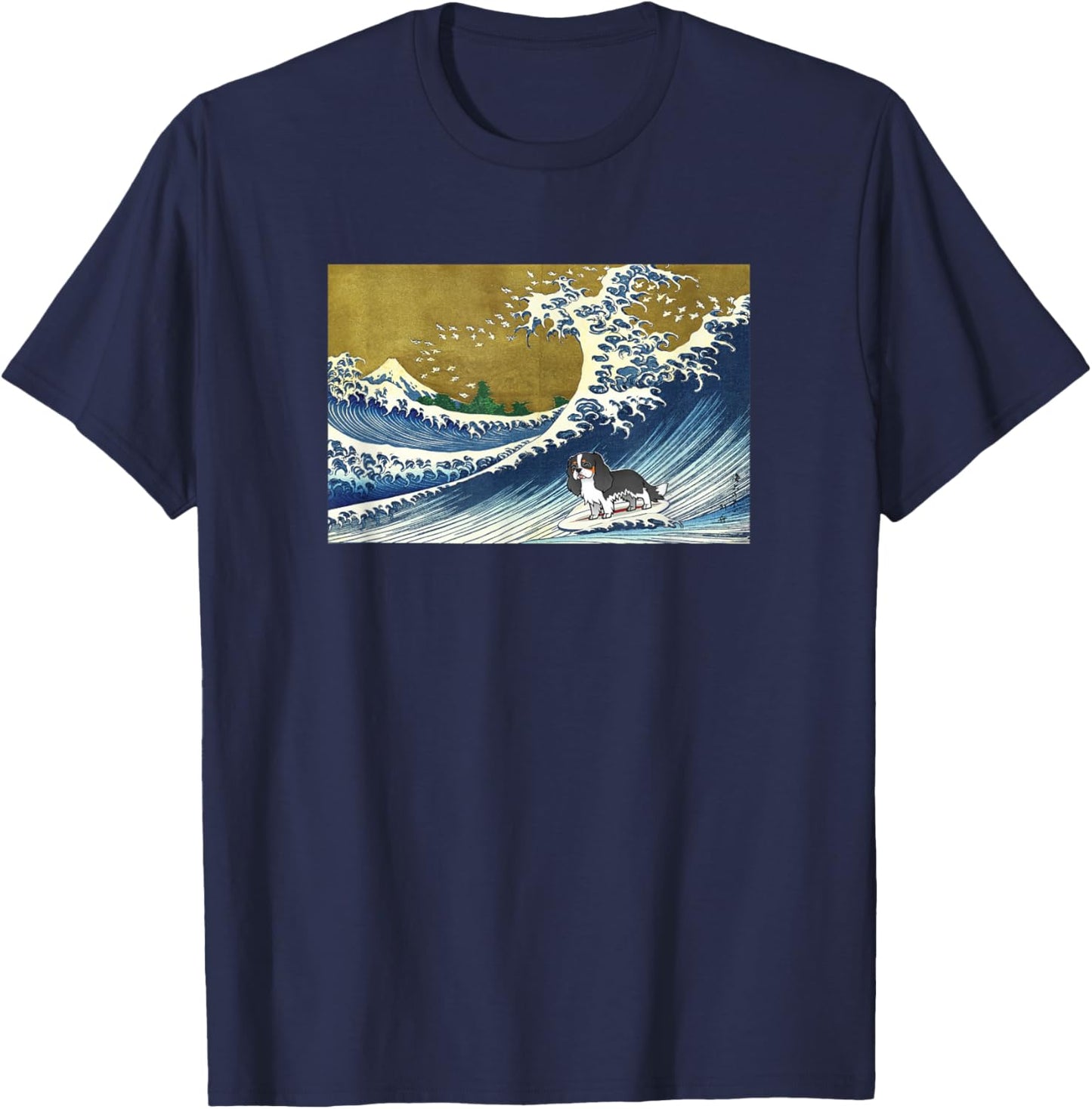 Funny Surfing A Great Great Wave Tricolor Cavalier Dog Lover T-Shirt - T-Shirt | Navy
