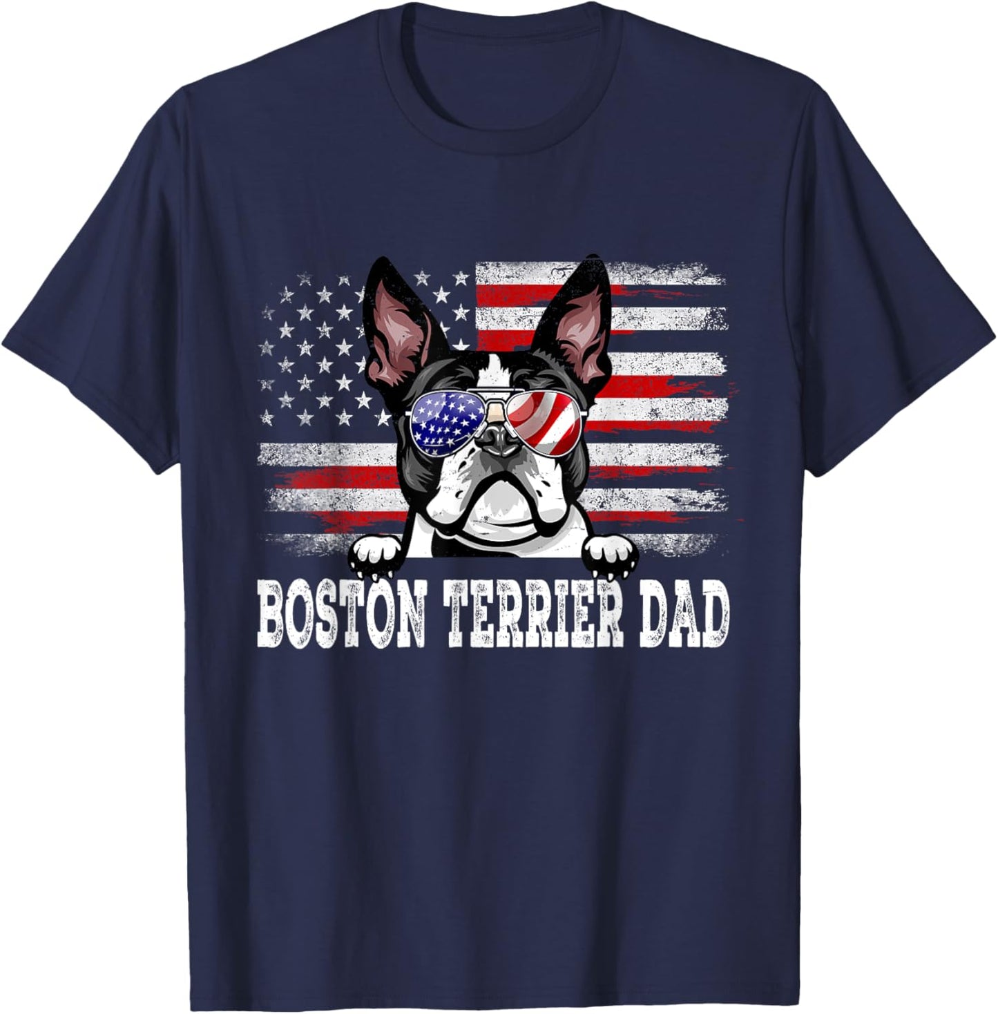 Vintage Boston Terrier Dad American Flag Father's Day T-Shirt - T-Shirt | Navy