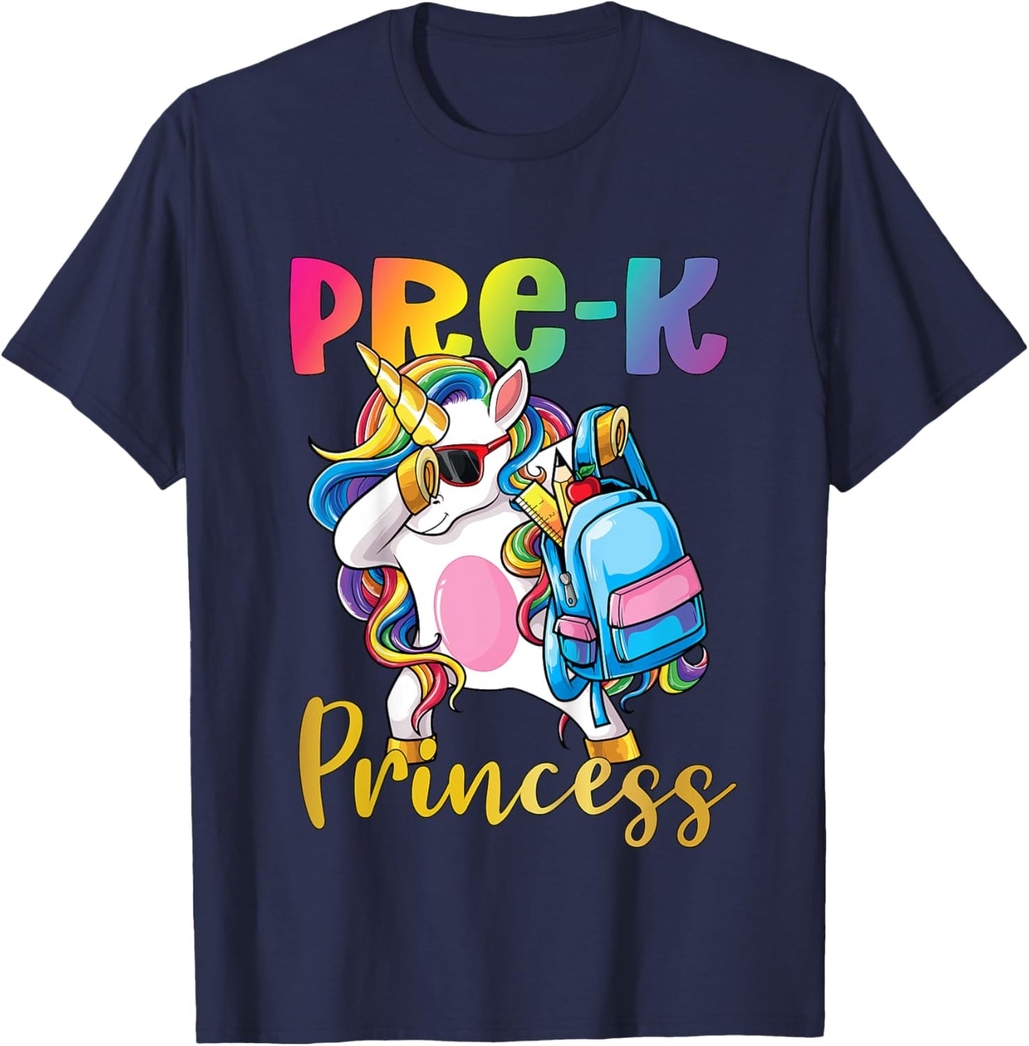 Pre K Princess Dabbing Unicorn Back to School Girls T-Shirt - T-Shirt | Navy