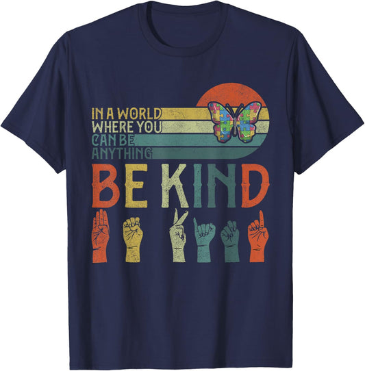 ASL Be Kind , Autism Awareness Butterfly Boy Kid Girl T-Shirt - T-Shirt | Navy